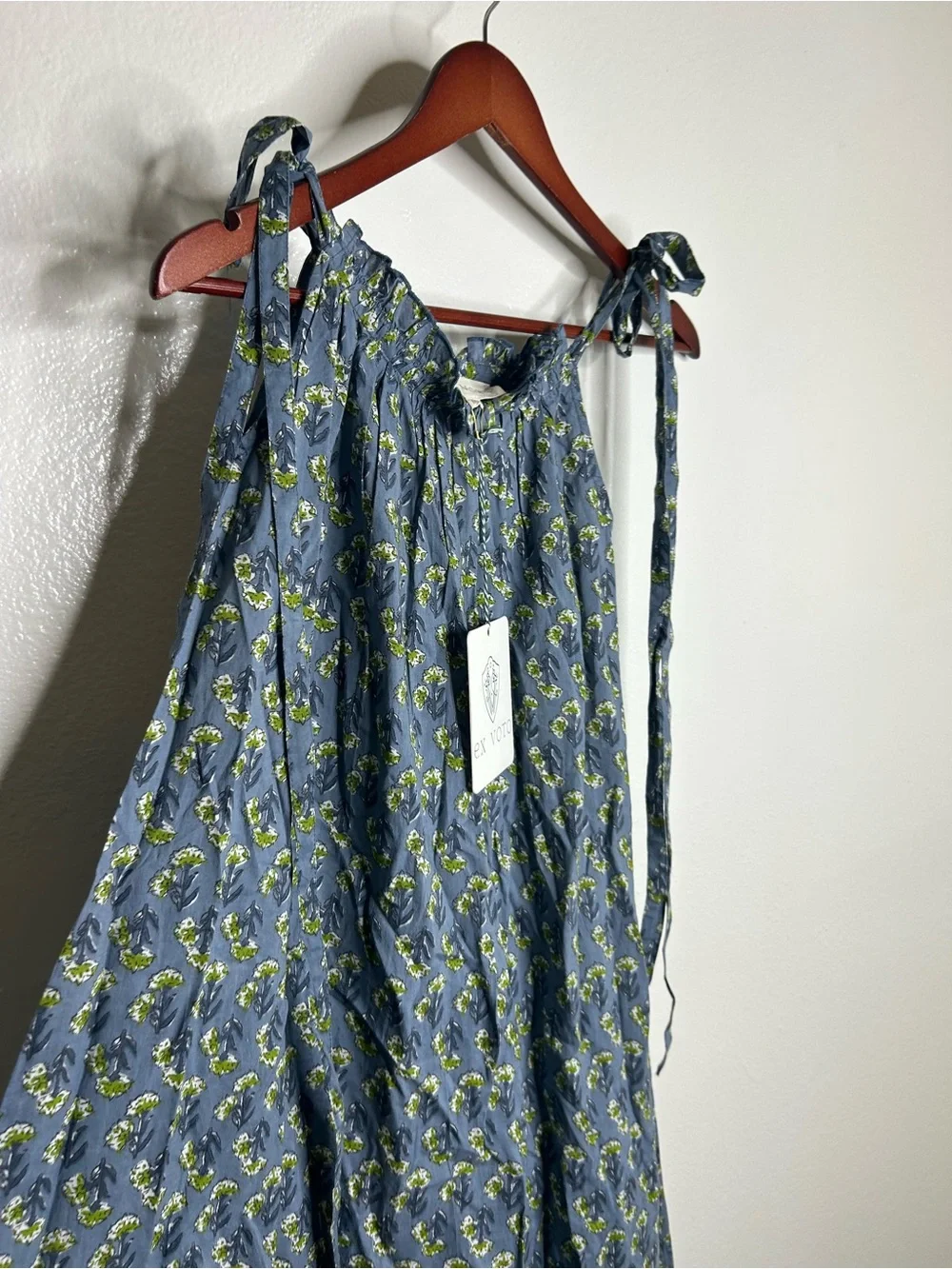 NWT Ex - Voto 100% Cotton Blue Block Print Bohemian Iris Sundress Maxi Flowy